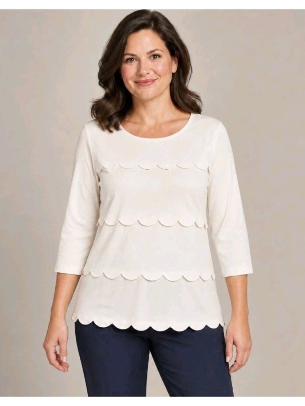 New Talbots Scalloped Layered Tunic Top Casual Stretch Size L Cream